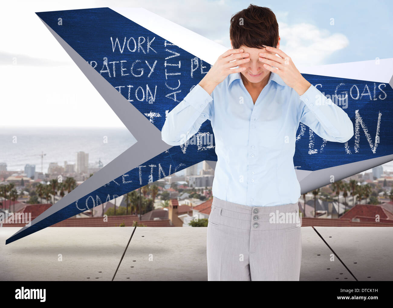 Composite image of businesswoman with her hands on her forehead Stock Photo
