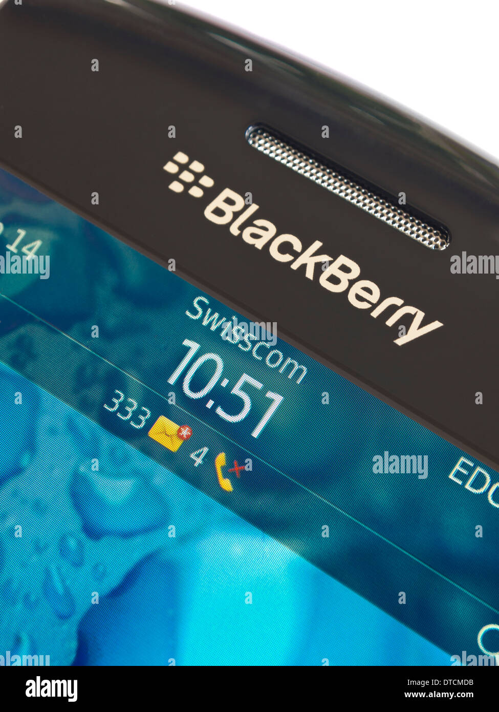 Zurich, Switzerland - September 9, 2012: a Blackberry smartphone showing 4 missed calls and 332 emails Stock Photo