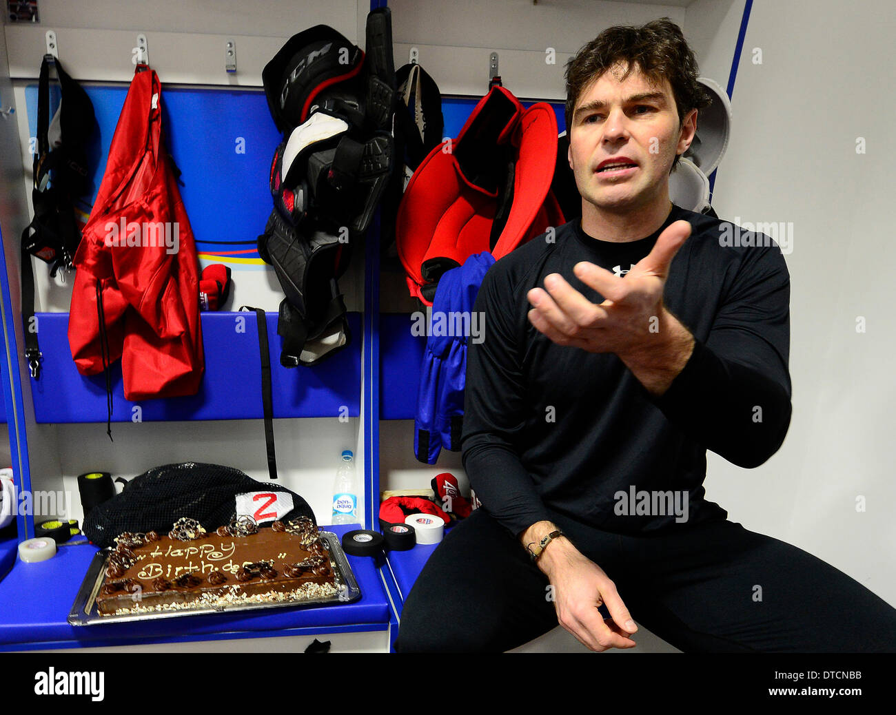 Sochi, Russia. 15th Feb, 2014. Player of the of Czech ice hockey team for the Winter Olympic Games Jaromir Jagr is seen with a chocolate cake which he got for his 42nd birthday in Sochi, Russia, February 15, 2014. © Roman Vondrous/CTK Photo/Alamy Live News Stock Photo