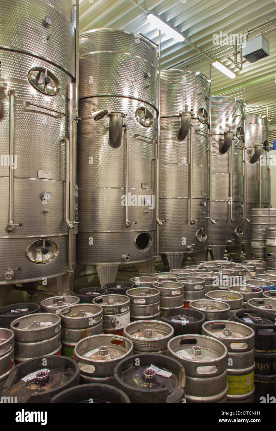 Indoor of wine manufactury of great Slovak producer. Modern big cask for the fermentation. Stock Photo