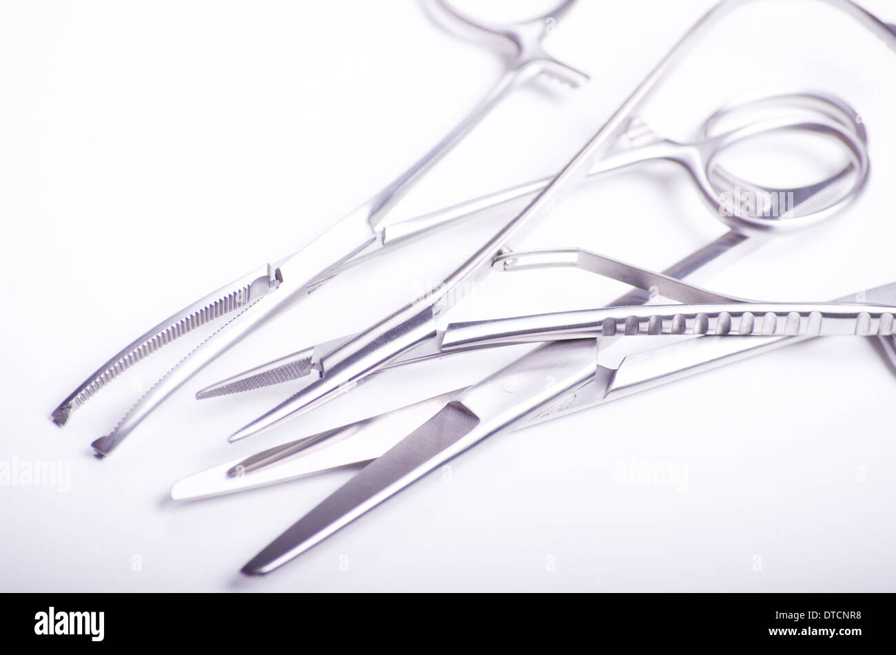 metallic surgical tools for general use on white background Stock Photo
