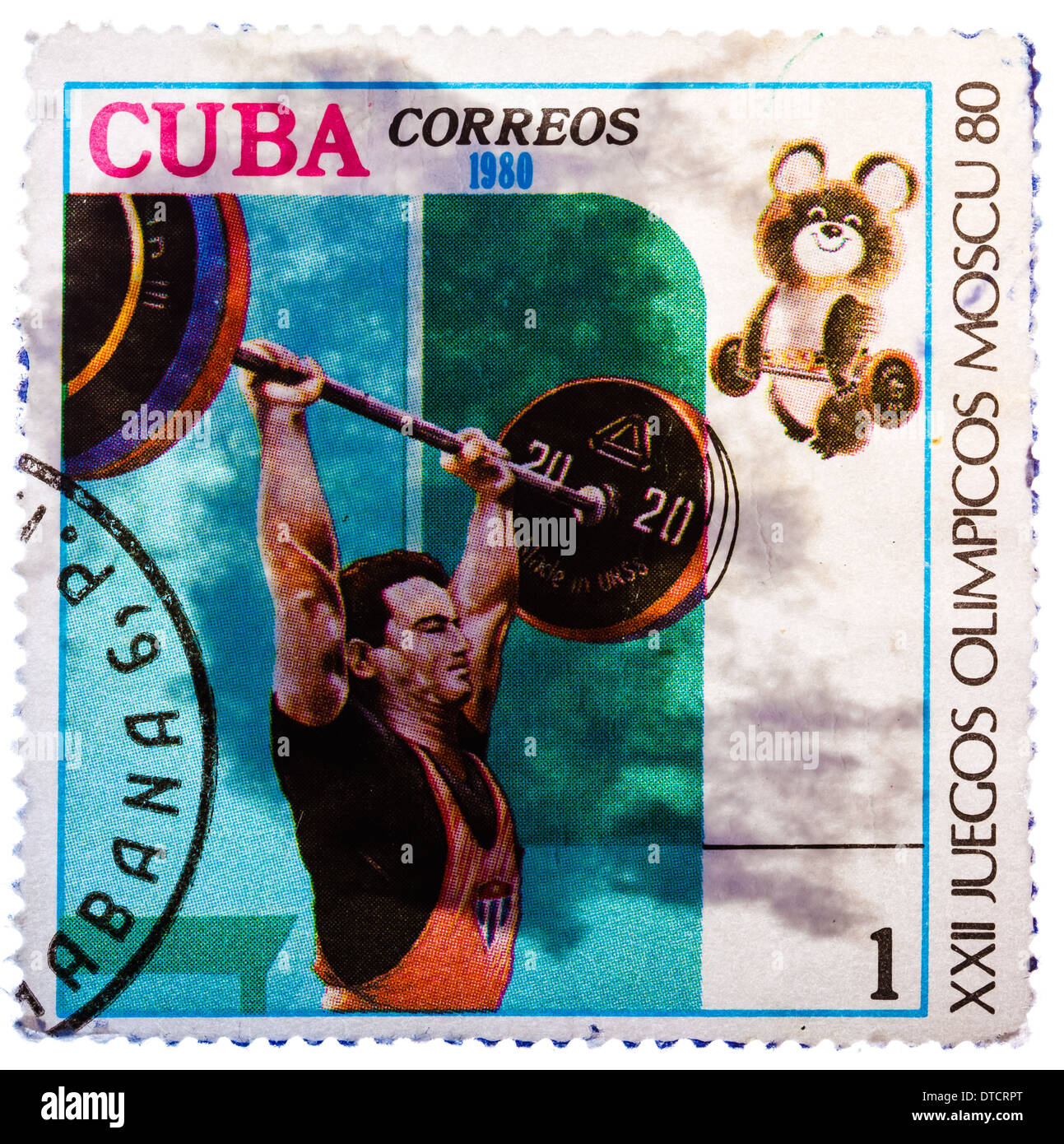 CUBA - CIRCA 1980: A stamp printed in CUBA, devoted to Olympic Games in Moscow (1980), weightlifting; man raises bar, circa 1980 Stock Photo