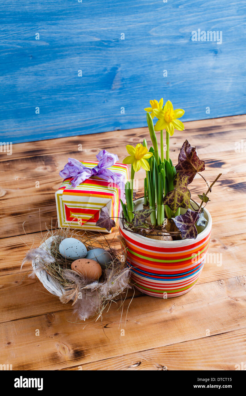 Easter decoration with daffodils in pot and Easter basket from shell Stock Photo