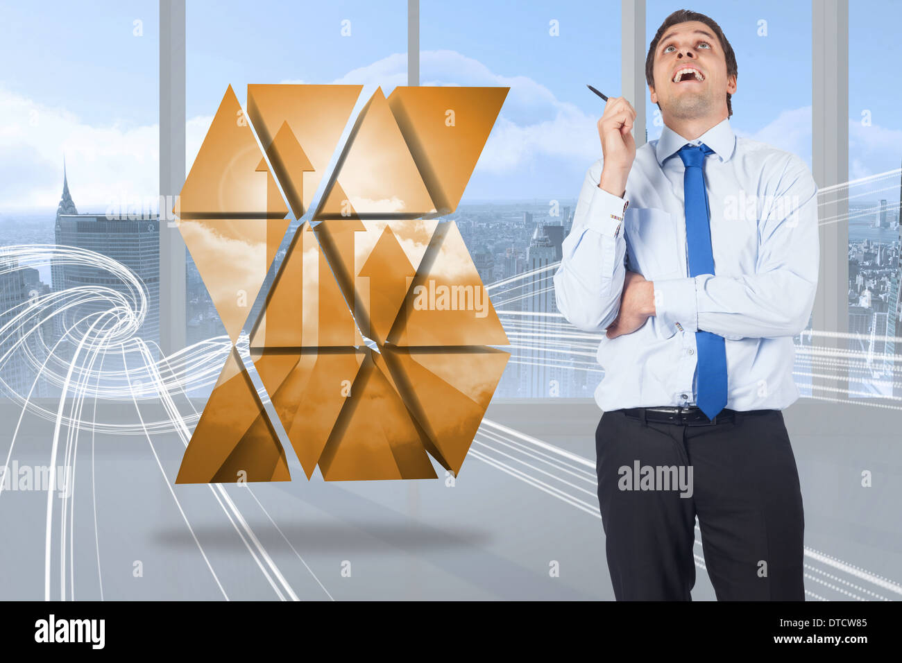 Composite image of thinking businessman holding pen Stock Photo - Alamy