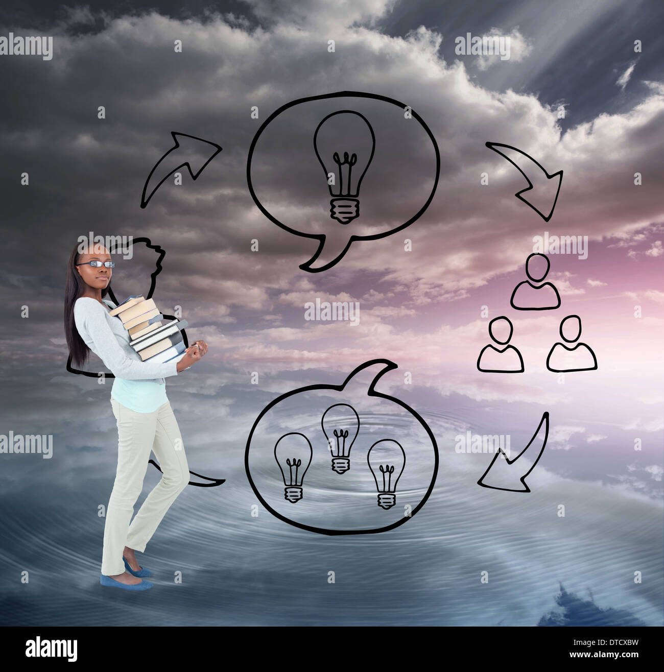 Composite image of side view of young woman carrying a pile of books ...