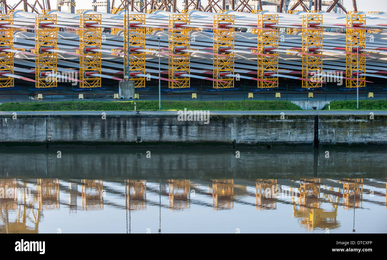 Bremerhaven, Germany, components of offshore wind bikes stored in the port Stock Photo