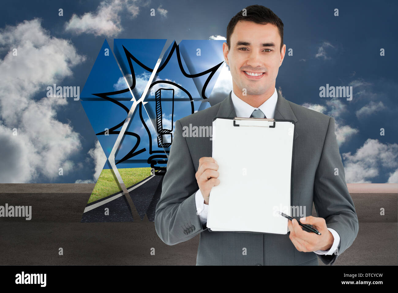 Composite image of businessman pointing with pen on clipboard Stock ...