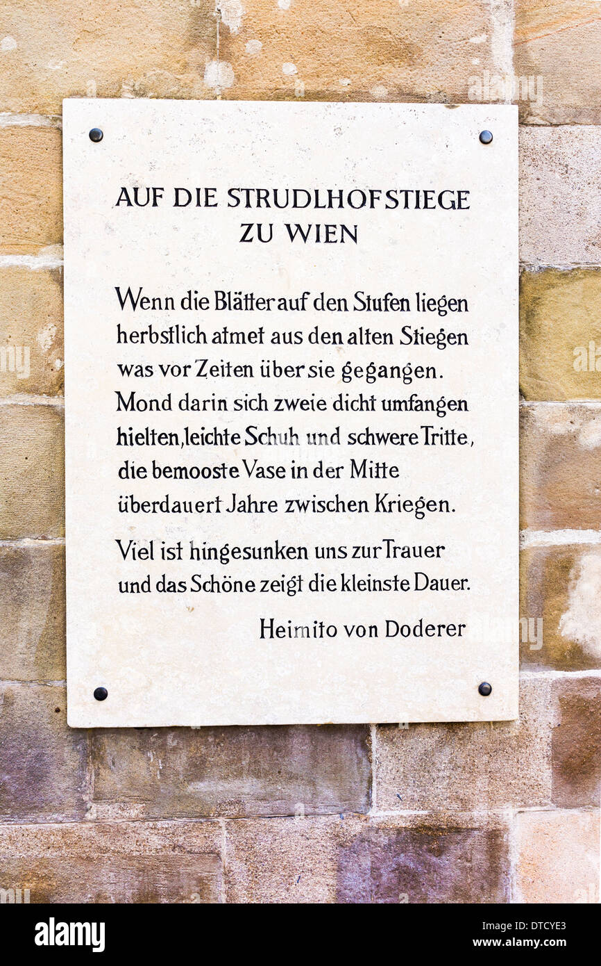 plaque at the  strudlhofstiege  staircase with the text of heimito von doderers poem  to the strudlhofstiege , vienna, austria Stock Photo