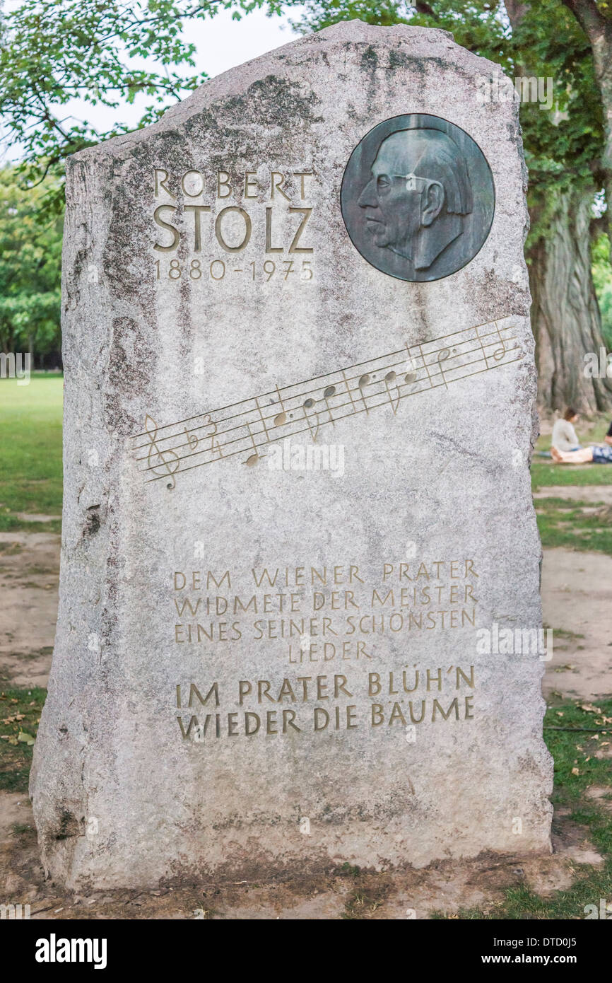 monument in honor of composer robert stolz in the  prater  park with notes and the text to one of his most famous songs Stock Photo