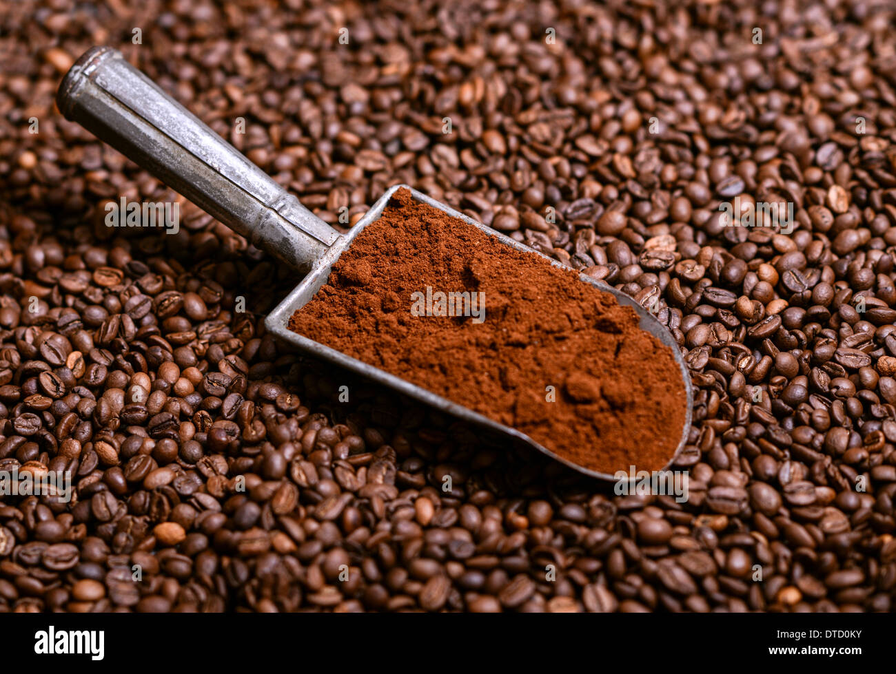 Grinded coffee in vintage scoop on beans Stock Photo Alamy