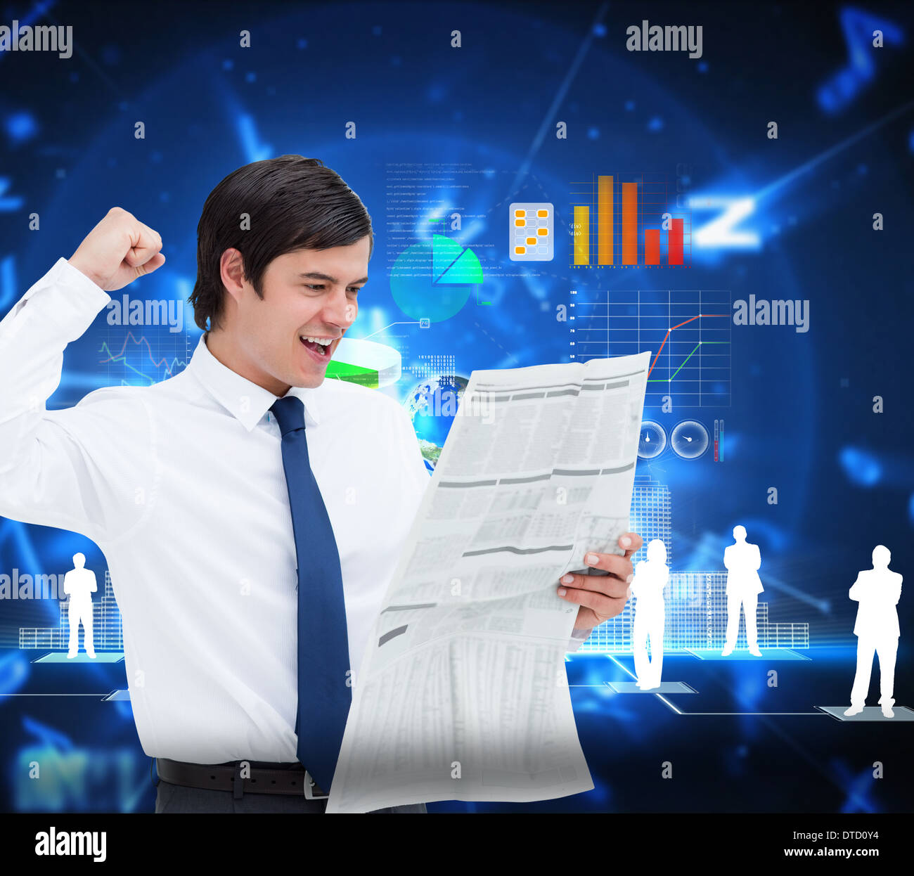 Composite image of celebrating tradesman looking at the news Stock Photo