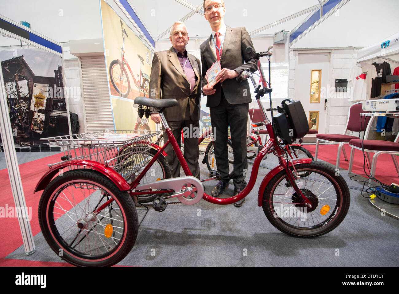 London, UK. 15th Feb, 2014. The UK’s largest cycling exhibition showcases many new bikes. The new Polish designed Tolek electric trike is launched in the UK at the exhibition. Credit:  Malcolm Park editorial/Alamy Live News Stock Photo