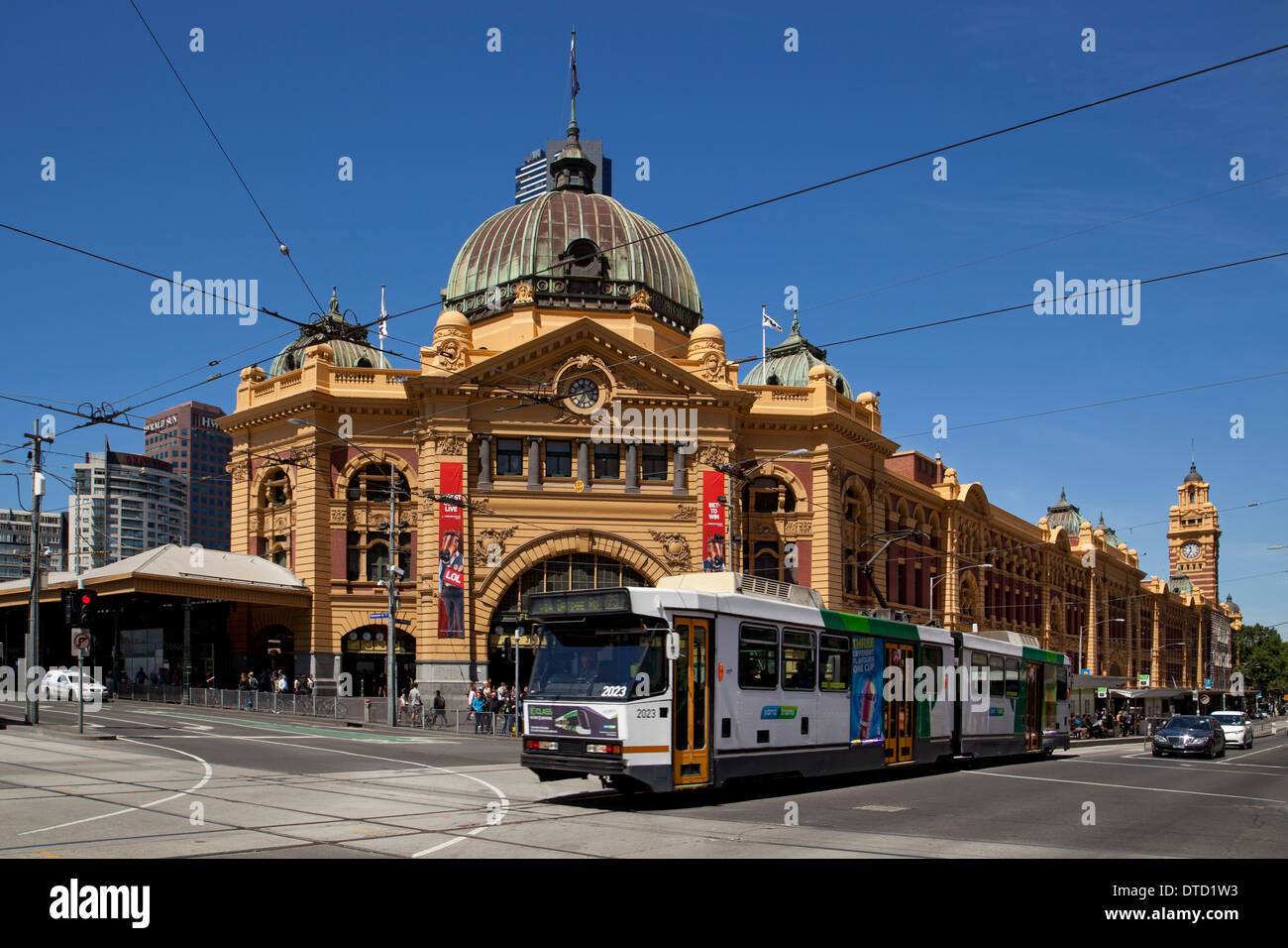 Flinders Street Station with electric tram, Melbourne, Victoria, Australia Stock Photo