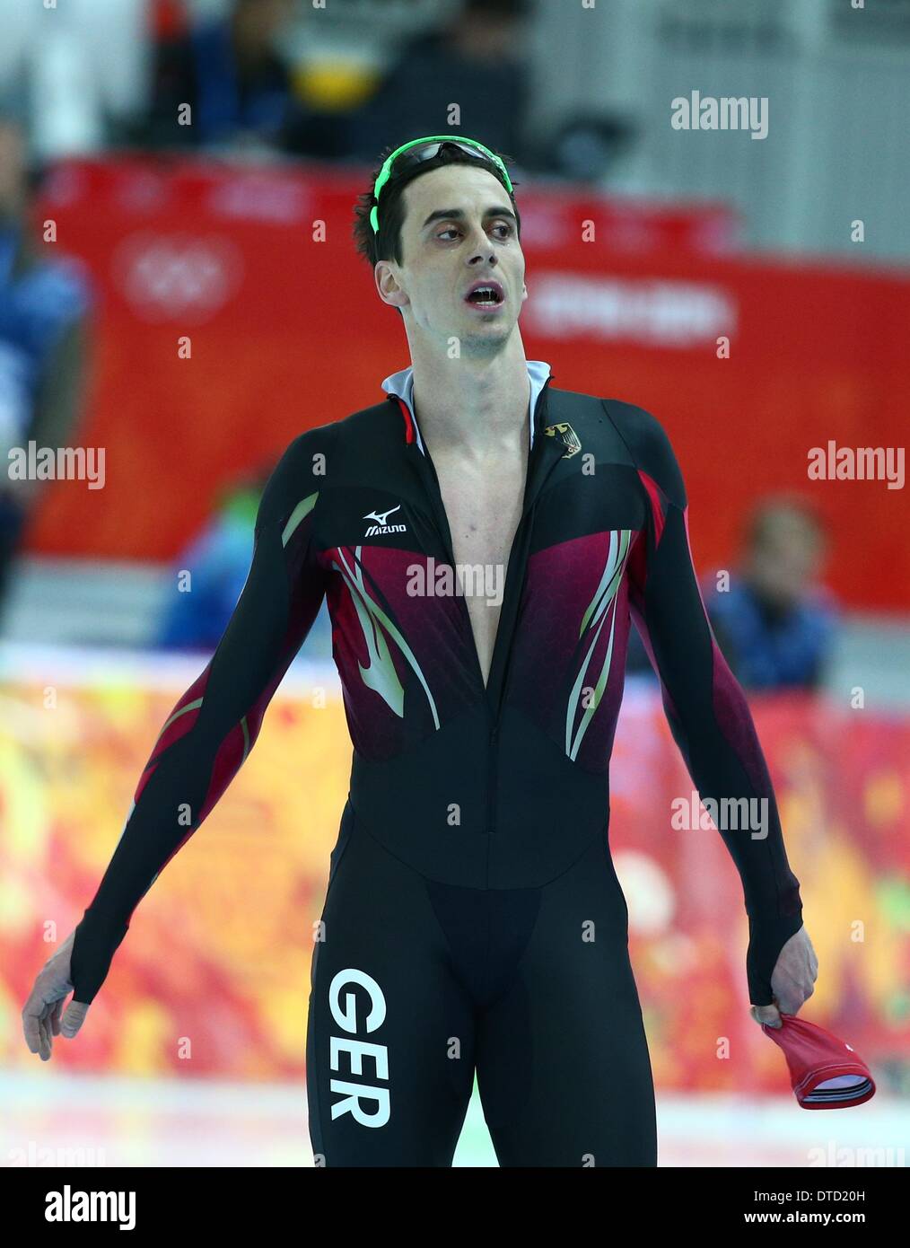 Sochi, Russia. 15th Feb, 2014. Robert Lehmann of Germany reacts after his race during the Men's 1500 m Speed Skating event in the Adler Arena at the Sochi 2014 Olympic Games, Sochi, Russia, 15 February 2014. Photo: Christian Charisius/dpa © dpa picture alliance/Alamy Live News Stock Photo