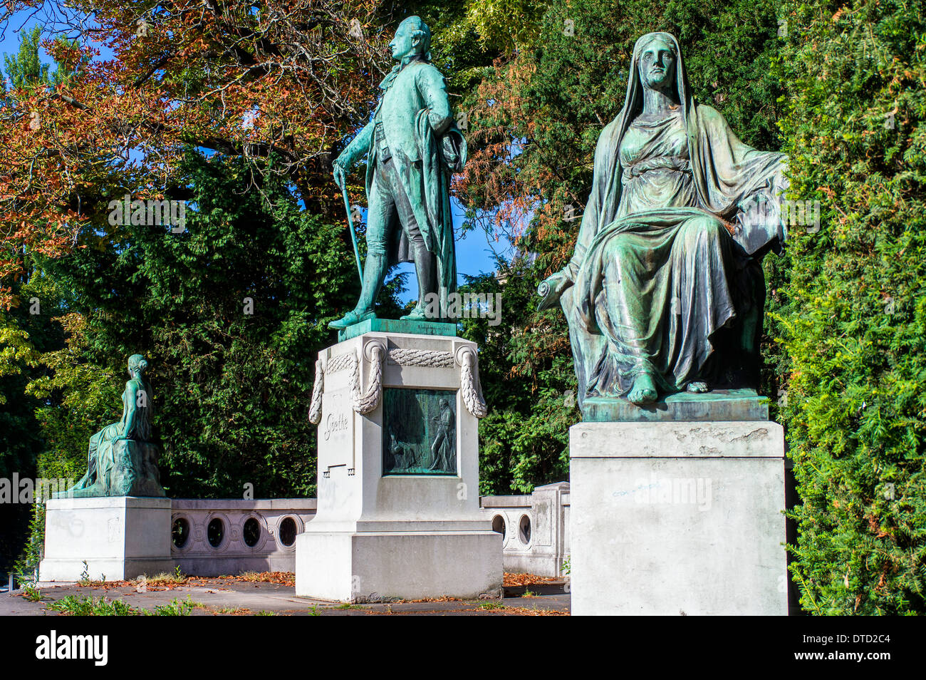 Strasbourg, Melpomene Muse of tragedy and Johann von Goethe statues by sculptor Ernst Waegener 1904, Neustadt district, Alsace, France, Europe, Stock Photo