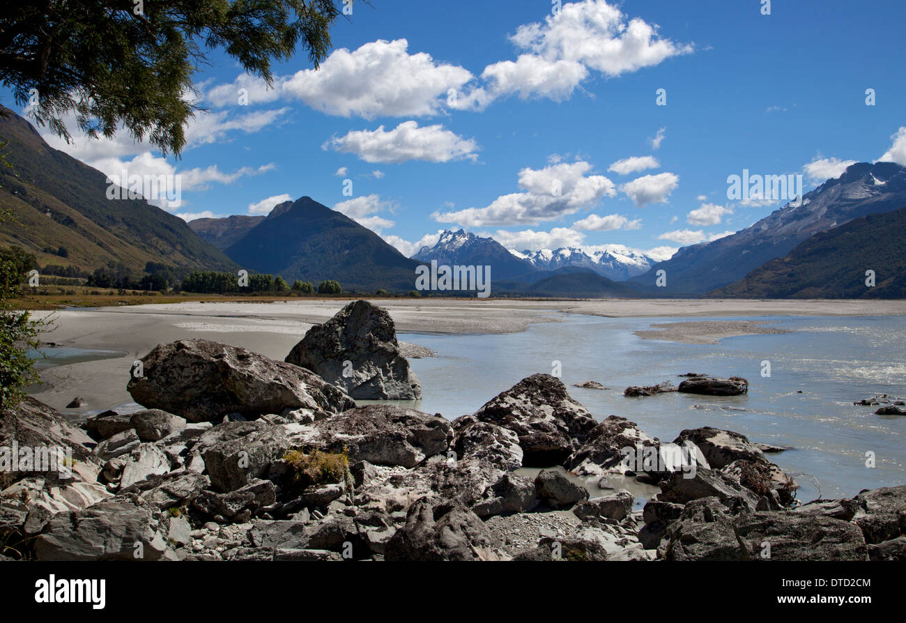 River Dart, looking towards Mt Earnslaw and forbes mountains, Mount Aspring National Park, South Island, New Zealand Stock Photo