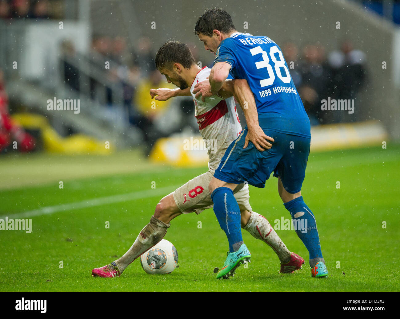 Sinsheim, Germany. 18th Oct, 2013. Hoffenheim's Kai Herdling (R) and  Leverkusen's Sebastian Boenisch debate after the Bundesliga soccer match  between 1899 Hoffenheim and Bayer Leverkusen at Rhein-Neckar-Arena in  Sinsheim, Germany, 18 October