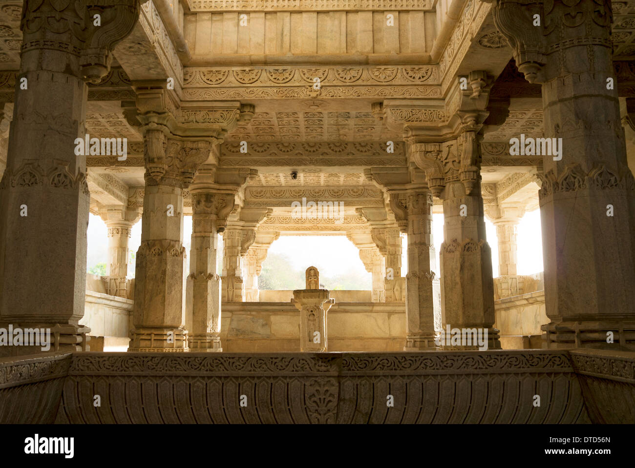 Ancient Ranakpur Temple of Jainism known for its marble carved Pillars Architecture, Designs Rajasthan, India . Stock Photo