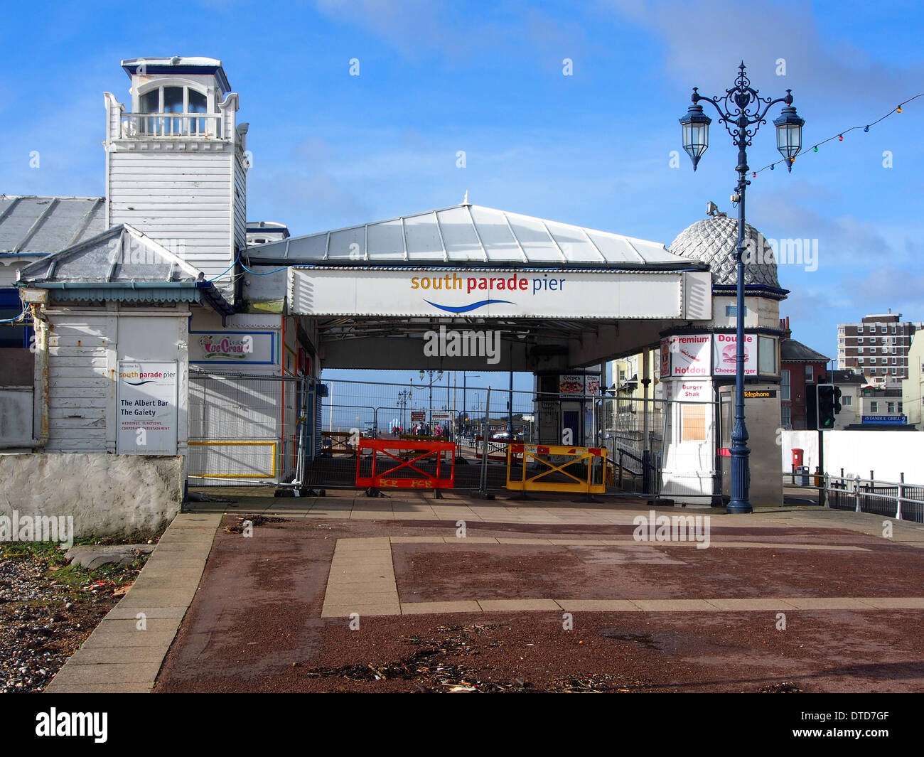 Portsmouth, Hampshire, England 15th February 2014.  South Parade Pier has been damaged by strong winds and large waves leaving all access areas to the pier closed. The main promenade of the pier has been closed to the public for over a year due to structural safety issues Credit:  simon evans/Alamy Live News Stock Photo