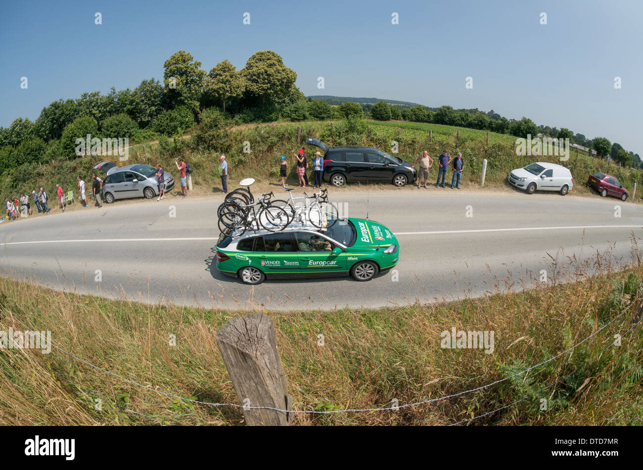 Europcar team car on Stage 12 of the 2013 Tour de France. This was Stage 12 and was 218km long. Stock Photo