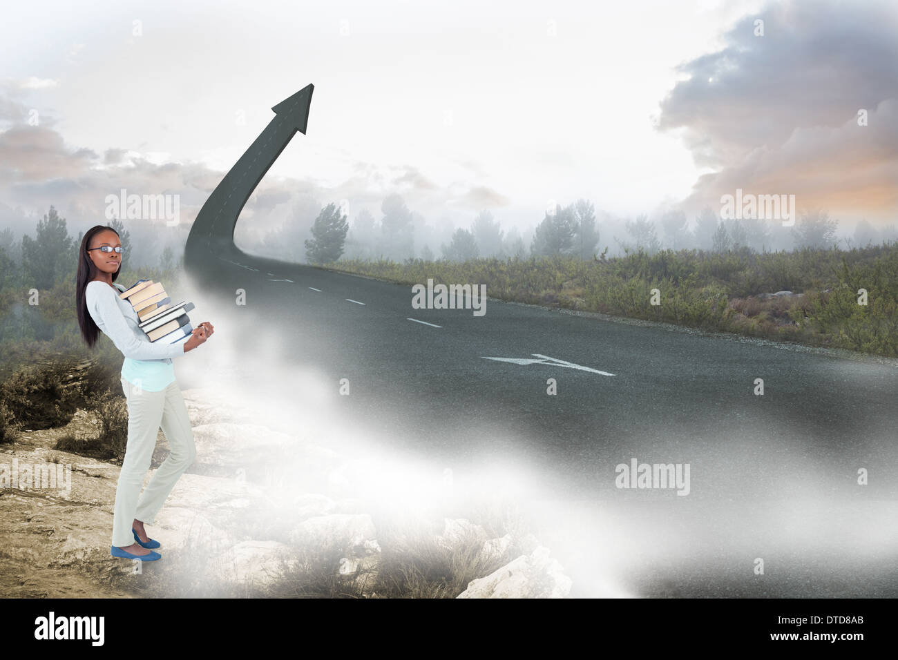 Composite image of side view of young woman carrying a pile of books ...