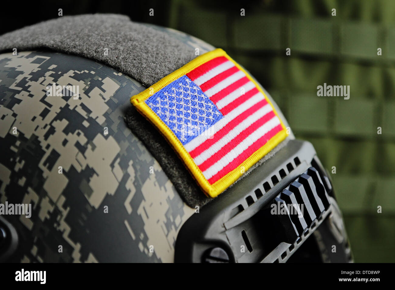 USA flag on a modern military helmet close-up. Shallow DOF. Stock Photo