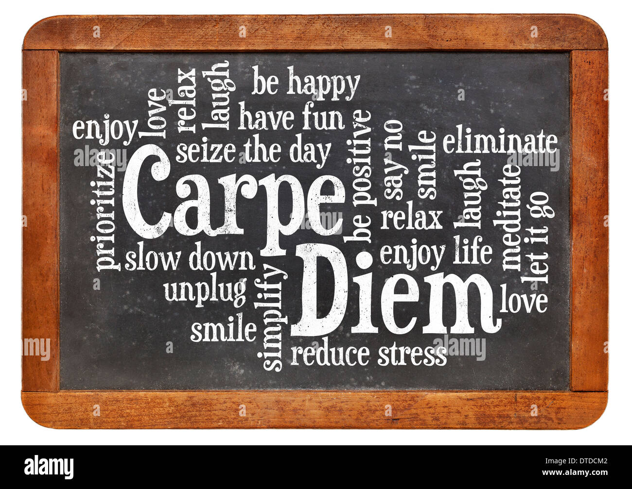 Carpe DIem word cloud on a vintage slate blackboard isolated on white