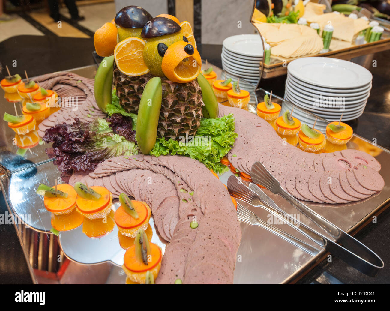 Cold meat selection at a luxury hotel buffet restaurant with decoration