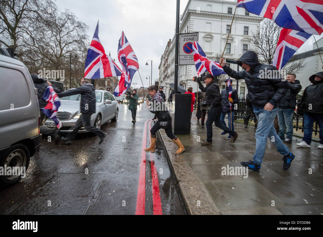Members and supporters of Britain First attempt to rush a group of radical Islamist protesters in London Stock Photo