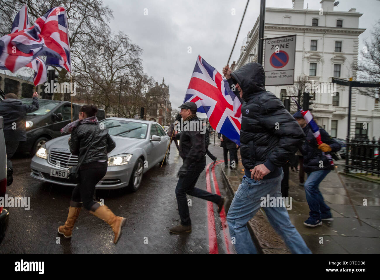 Members and supporters of Britain First attempt to rush a group of radical Islamist protesters in London Stock Photo