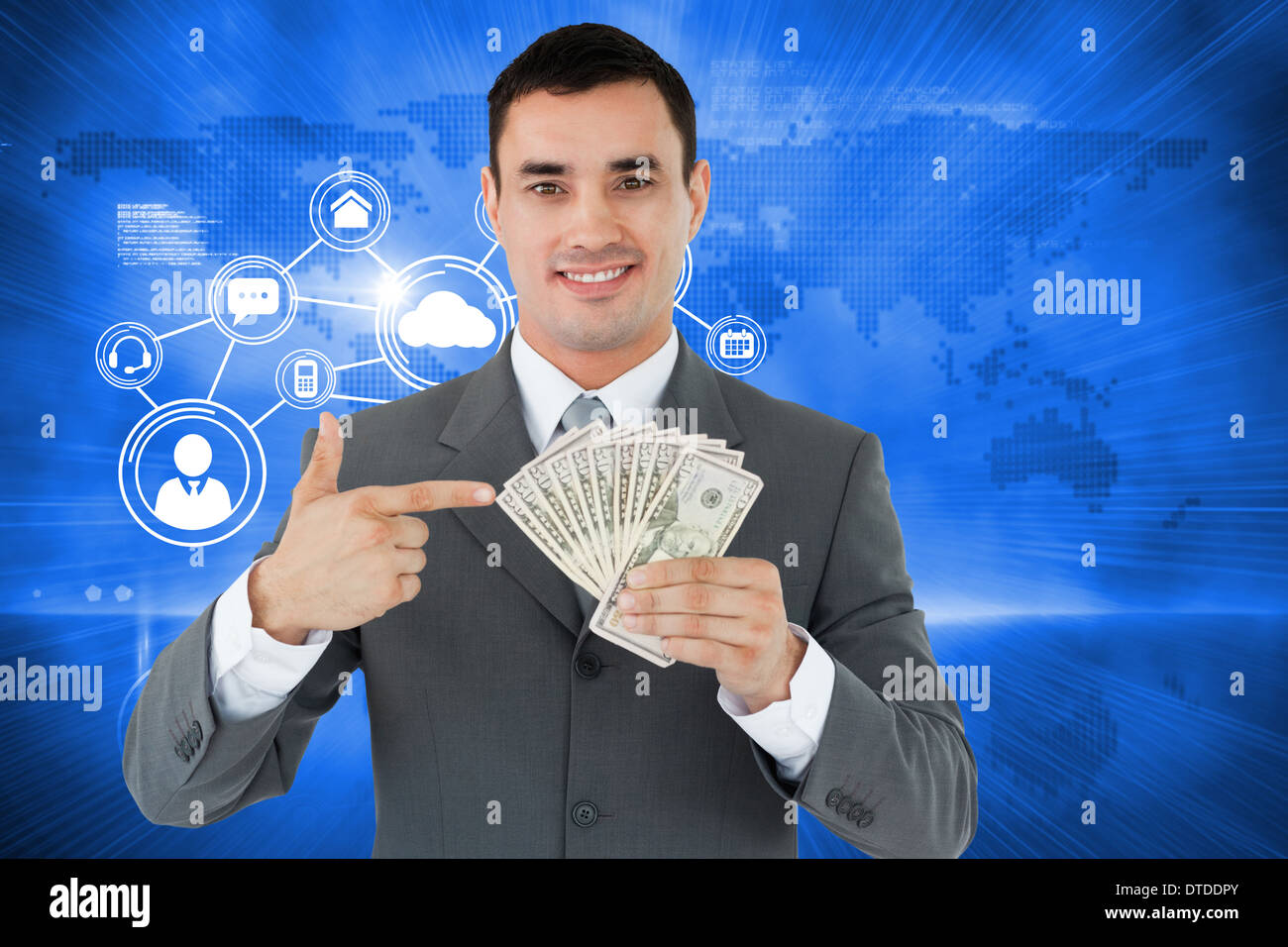 Composite Image Of Businessman Pointing At Bank Notes In His Hand Stock