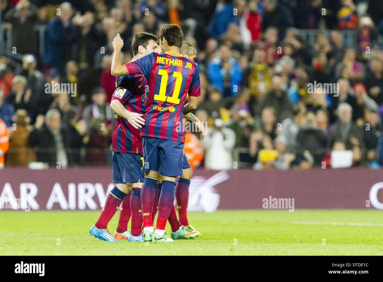 Barcellona, Spain. 15th Feb, 2014. BARCELONA - 15 of february - ESPANA: Neymar and Leo Messi celebrating the goal during the match of the rounnd 24 of Liga BBVA between FC Barcelona and Rayo Vallecano, played at Camp Nou stadium, saturday, 15 of february of 2014. Credit:  Mikel Trigueros/NurPhoto/ZUMAPRESS.com/Alamy Live News Stock Photo