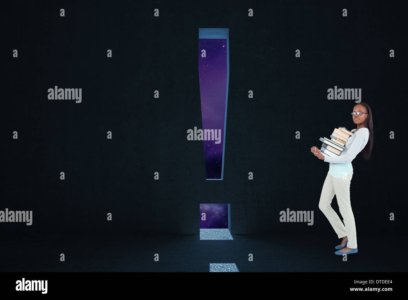 Composite image of side view of young woman carrying a pile of books ...
