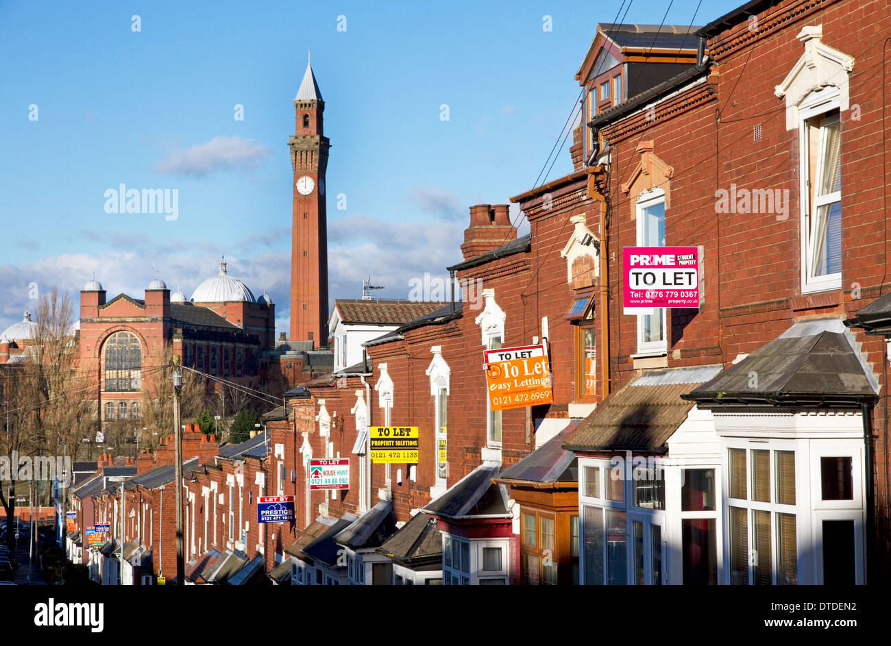 Street of student houses near to University of Birmingham (background), Selly Oak, Birmingham, West Midlands, England, UK Stock Photo