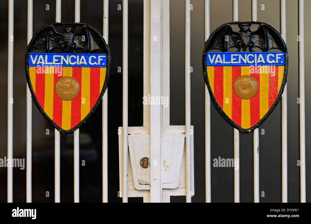 The crest of Valencia Club de Futball on the main front entrance of the Mestalla Stadium, Valencia, Spain Stock Photo