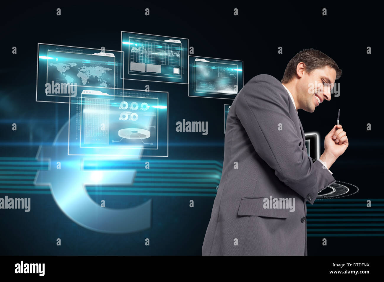 Composite image of thoughtful businessman holding pen Stock Photo - Alamy