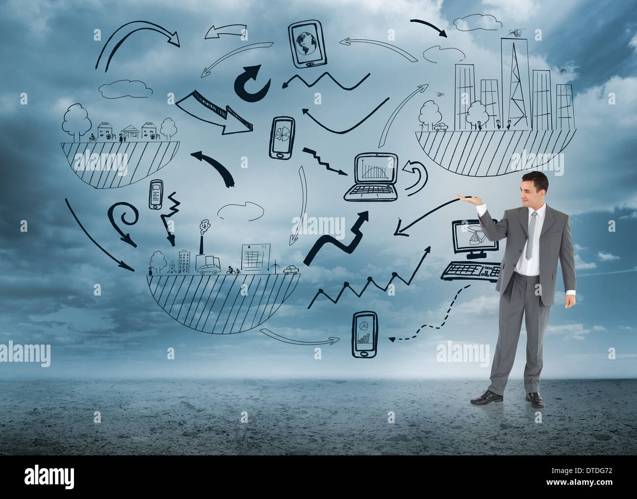 Composite image of businessman looking at what he is presenting Stock Photo