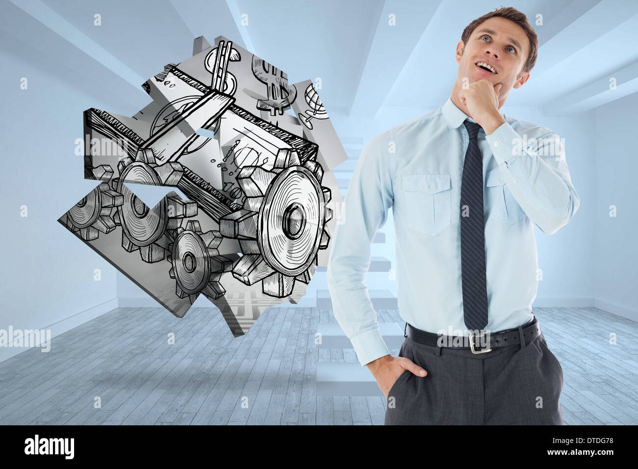 Composite image of thoughtful businessman with hand on chin Stock Photo