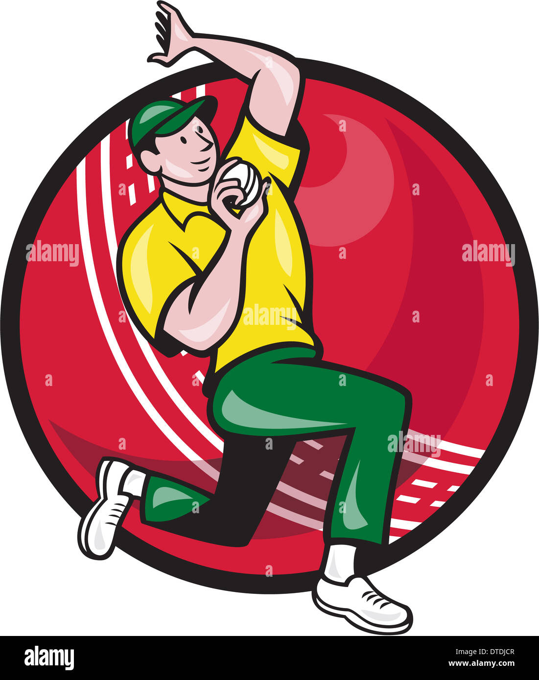 Illustration of a cricket player bowler bowling with cricket ball in background isolated on white. Stock Photo