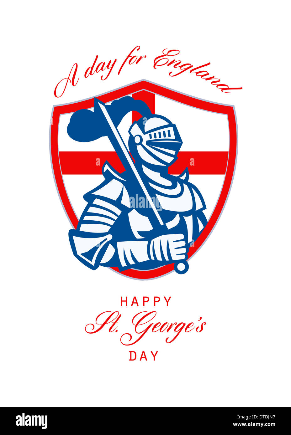 Poster greeting card Illustration of knight in full armor with sword and shield with England English flag done in retro style with words Happy St. George's Day A Day for England. Stock Photo
