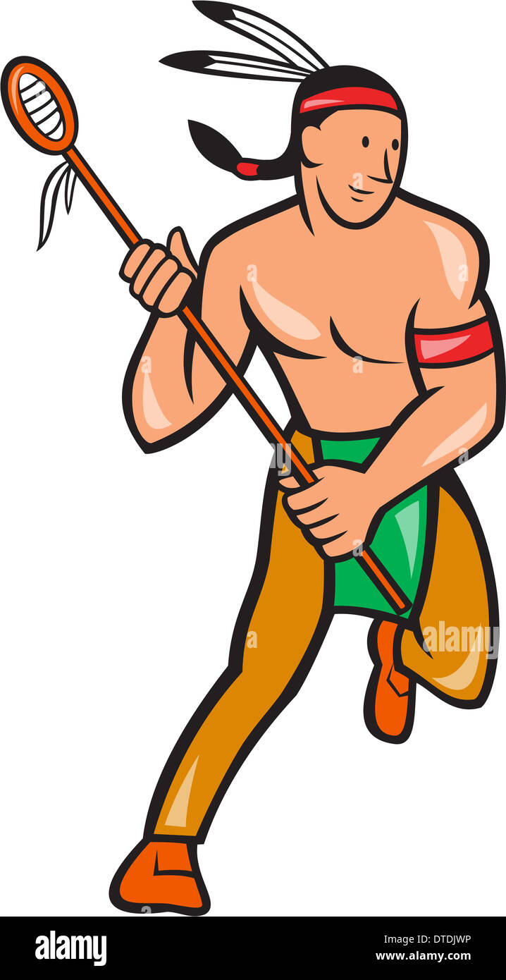 Illustration of a native american lacrosse player holding a crosse or lacrosse stick viewed from