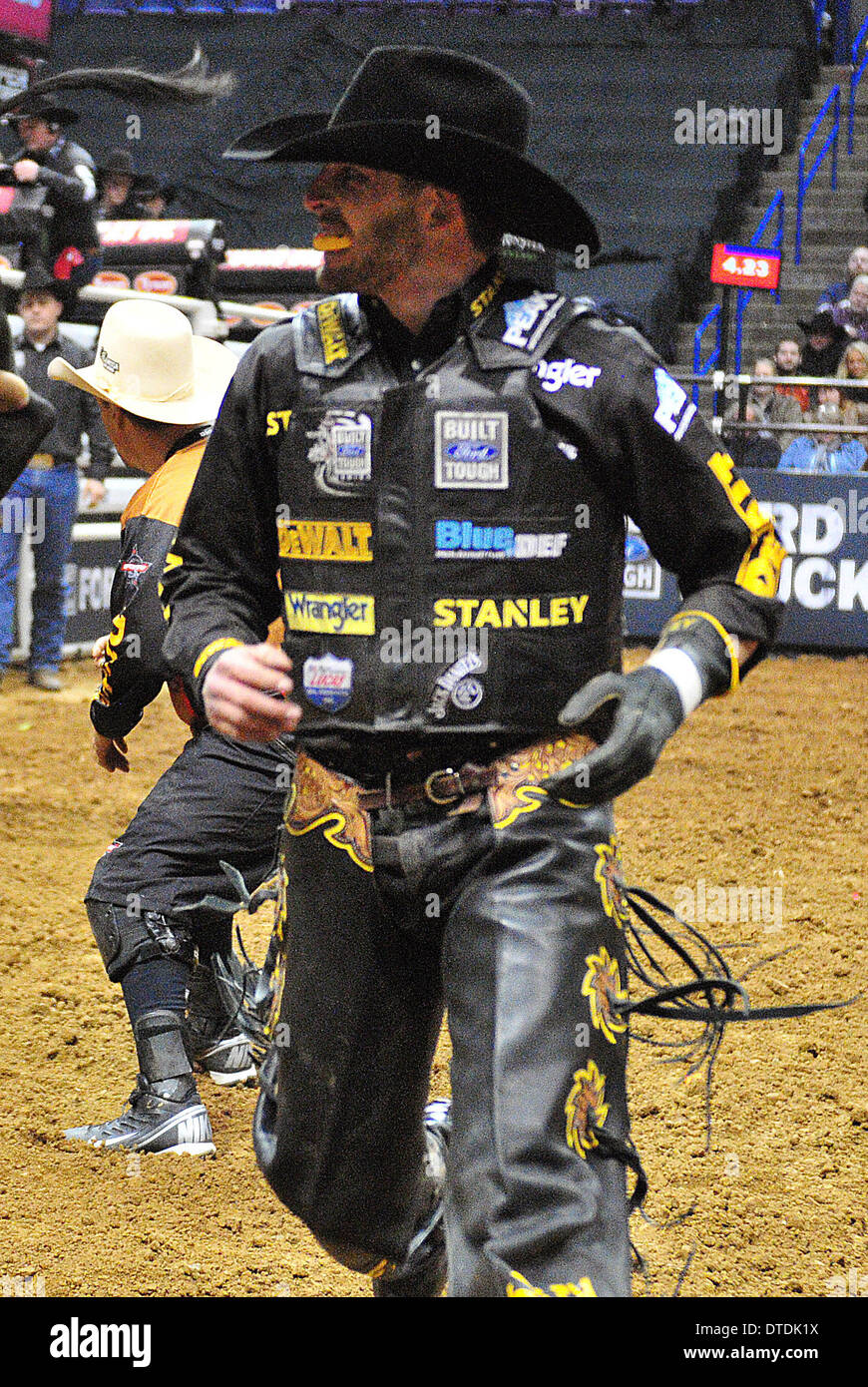 St. Louis, Missouri, USA. 15th Feb, 2014. February 14, 2014: Rider Douglas Duncan after his ride on bull My Kinda Partyduring the Professional Bullriders Built Ford Tough Series St. Louis Invitational at Scott Trade Center in St. Louis. Credit:  csm/Alamy Live News Stock Photo