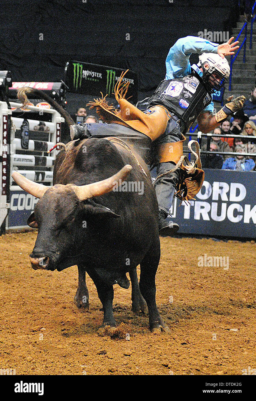 St. Louis, Missouri, USA. 15th Feb, 2014. February 14, 2014: Rider Billy Robinson on bull Dirty Martini during the Professional Bullriders Built Ford Tough Series St. Louis Invitational at Scott Trade Center in St. Louis. Credit:  csm/Alamy Live News Stock Photo