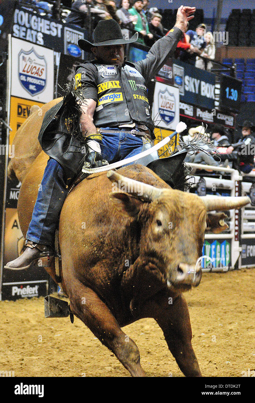 St. Louis, Missouri, USA. 15th Feb, 2014. February 14, 2014: Rider Guilherme Marchi on bull Packing Heat during the Professional Bullriders Built Ford Tough Series St. Louis Invitational at Scott Trade Center in St. Louis. Credit:  csm/Alamy Live News Stock Photo