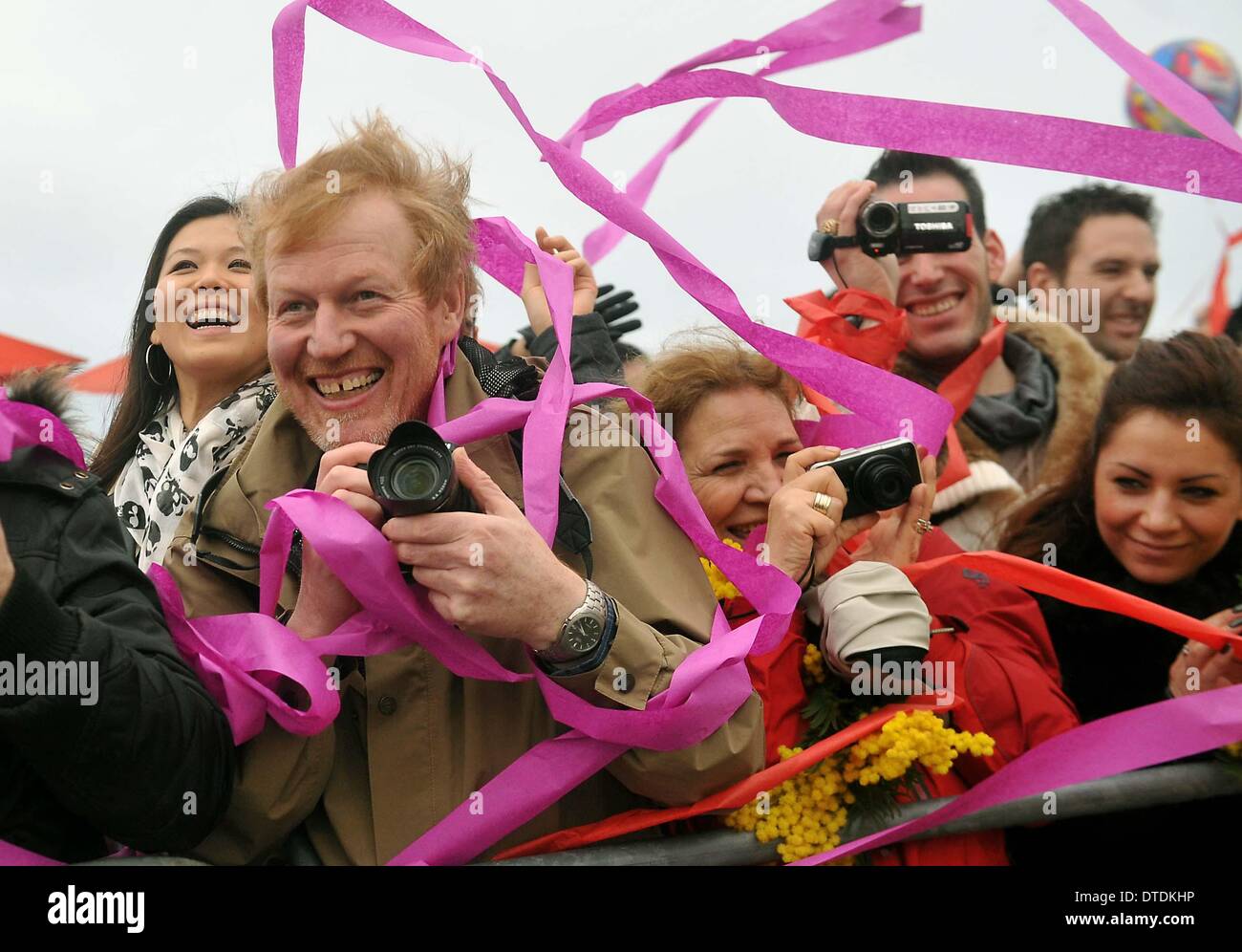 Nice, France. 15th Feb, 2014. People attend the 130th Nice Carnical in Nice, southern France, Feb. 15, 2014. The annual event kicked off here on Friday. Credit:  Chen Xiaowei/Xinhua/Alamy Live News Stock Photo