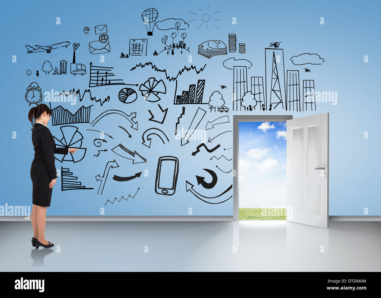 Woman pointing to door hi-res stock photography and images - Alamy