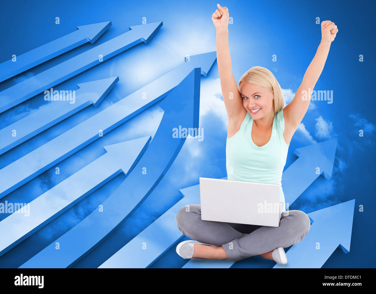 Composite image of joyful woman with a notebook Stock Photo