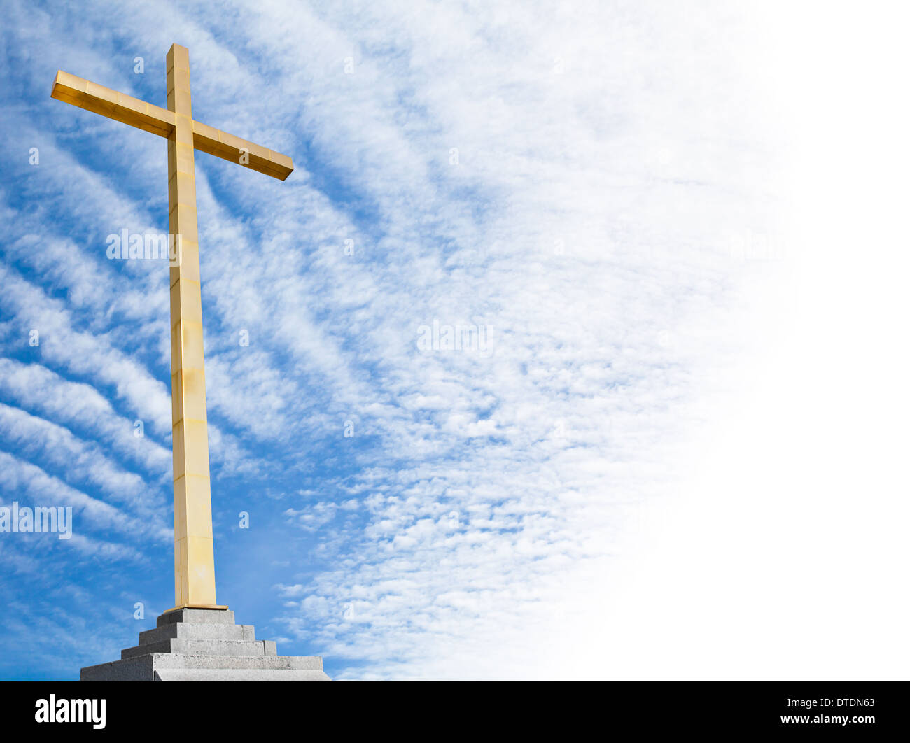 Christian cross with sky background. Religion template. Stock Photo