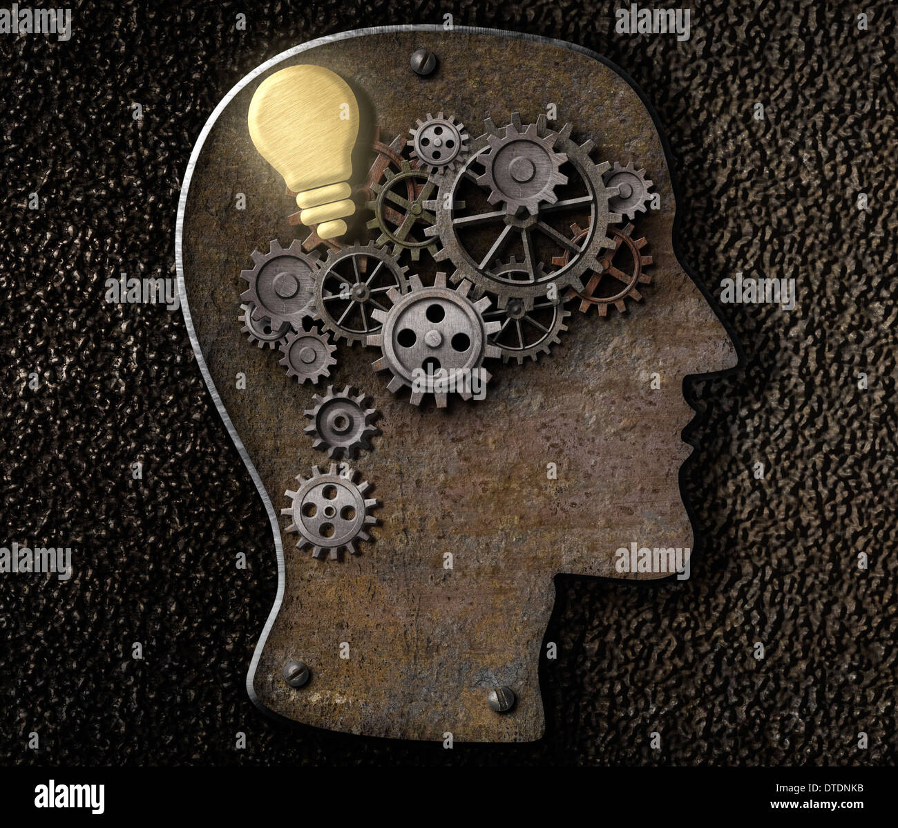 Brain mechanism made from metal cogs and gear with idea bulb lamp Stock Photo