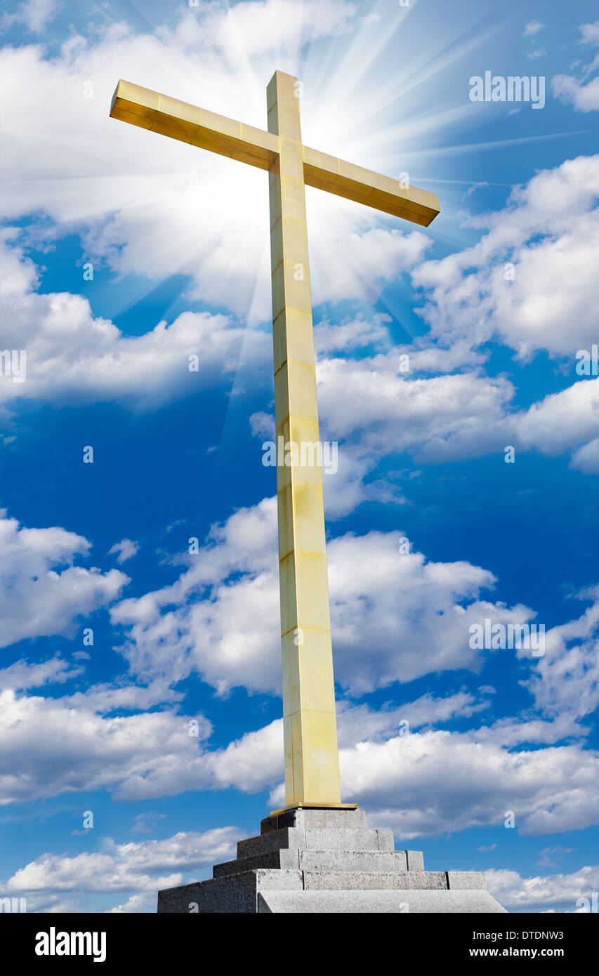 Christian cross on sky. Religion and faith concept. Stock Photo